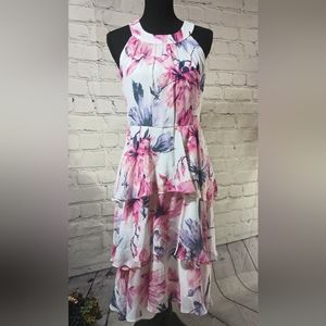 Floral Silhouette WovenChiffon Tiered OverlayDress Blush SL Fashions